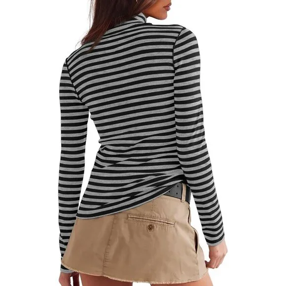 Women's Undershirts Light Grey Striped Long Sleeve Ribbed Slim Top Tees - Picture 2 of 5